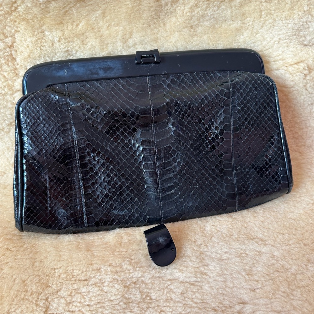 First Lady Bootery Real Black Python Snakeskin Clutch Vintage Evening Bag